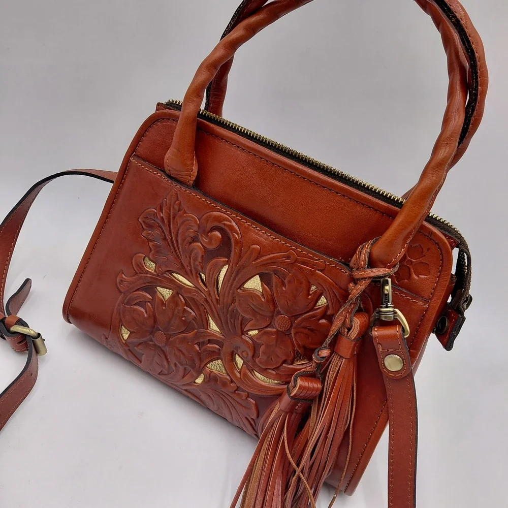 Patricia Nash Tooled Leather Floral Satchel Crossbody Bag Brown Purse Tassels